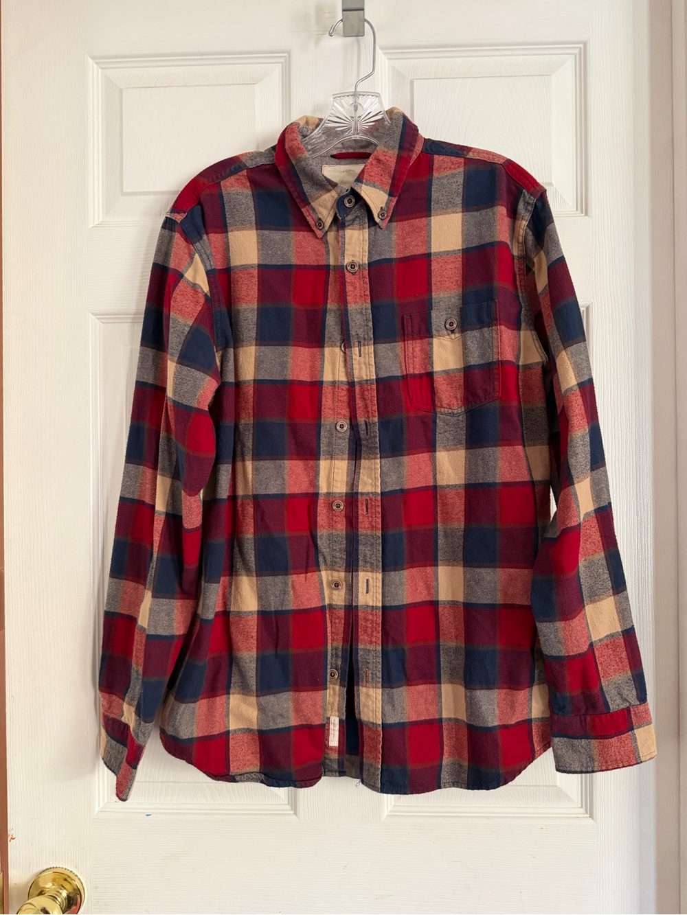 Weatherproof Red Navy and Tan Plaid Flannel Button-Down Shirt